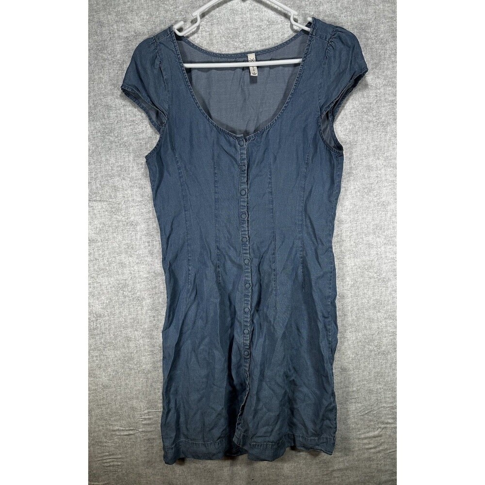 GF Collection Women's Blue Chambray Shift Dress Cap Sleeve Button Front Size 2